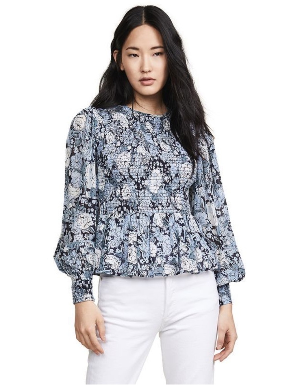 Ganni Blue Floral Smocked Peplum Blouse